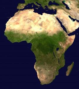 Satellite image of Africa showing the desert and tropical forest regions.