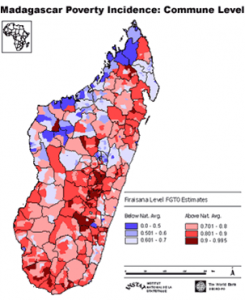 Map of Madagascar showing mosaic-like distribution of poverty throughout the island.