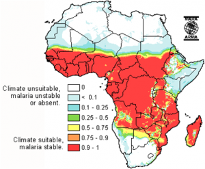 Map of Africa showing the equitorial region of Africa where malaria is most common.