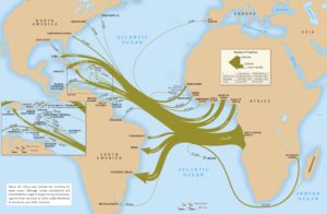 Map showing forced migration of enslaved African people across the Atlantic to North and South America